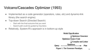 Volcano/Cascades Optimizer (1993)
● Implemented as a code generator (operators, rules, etc) and dynamic-link
library (the search engine)
● Top-down Search (Directed Search)
○ Start with the final outcome that you want
○ Search path could be guided by heuristics
● Relatively, System-R’s approach is in bottom-up style
36
 