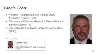 Graefe Goetz
● Volcano - An Extensible and Parallel Query
Evaluation System (1990)
● The Volcano Optimizer Generator: Extensibility and
Efficient Search (1991)
● The Cascades Framework for Query Optimization
(1995)
37
 
