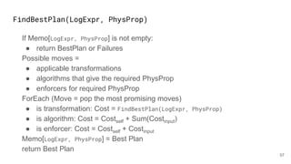 FindBestPlan(LogExpr, PhysProp)
If Memo[LogExpr, PhysProp] is not empty:
● return BestPlan or Failures
Possible moves =
● applicable transformations
● algorithms that give the required PhysProp
● enforcers for required PhysProp
ForEach (Move = pop the most promising moves)
● is transformation: Cost = FindBestPlan(LogExpr, PhysProp)
● is algorithm: Cost = Costself + Sum(Costinput)
● is enforcer: Cost = Costself + Costinput
Memo[LogExpr, PhysProp] = Best Plan
return Best Plan
57
 
