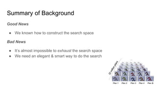 Summary of Background
Good News
● We known how to construct the search space
Bad News
● It’s almost impossible to exhaust the search space
● We need an elegant & smart way to do the search
9
 