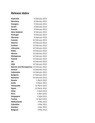 Release dates
Australia 9 February 2012
Germany 9 February 2012
Hungary 9 February 2012
Israel 9 February 2012
Kuwait 9 February 2012
New Zealand 9 February 2012
Portugal 9 February 2012
Slovenia 9 February 2012
Canada 10 February 2012
Estonia 10 February 2012
Ireland 10 February 2012
Lithuania 10 February 2012
Malta 10 February 2012
Mexico 10 February 2012
Philippines 10 February 2012
Poland 10 February 2012
UK 10 February 2012
USA 10 February 2012
Bosnia and Herzegovina 14 February 2012
Greece 14 February 2012
Indonesia 16 February 2012
Bulgaria 17 February 2012
Romania 24 February 2012
Russia 1 March 2012
India 9 March 2012
Venezuela 16 March 2012
Spain 23 March 2012
Chile 5 April 2012
Peru 5 April 2012
Singapore 5 April 2012
Turkey 13 April 2012
Netherlands 3 May 2012
Colombia 4 May 2012
Sweden 4 May 2012
Belgium 9 May 2012
 
