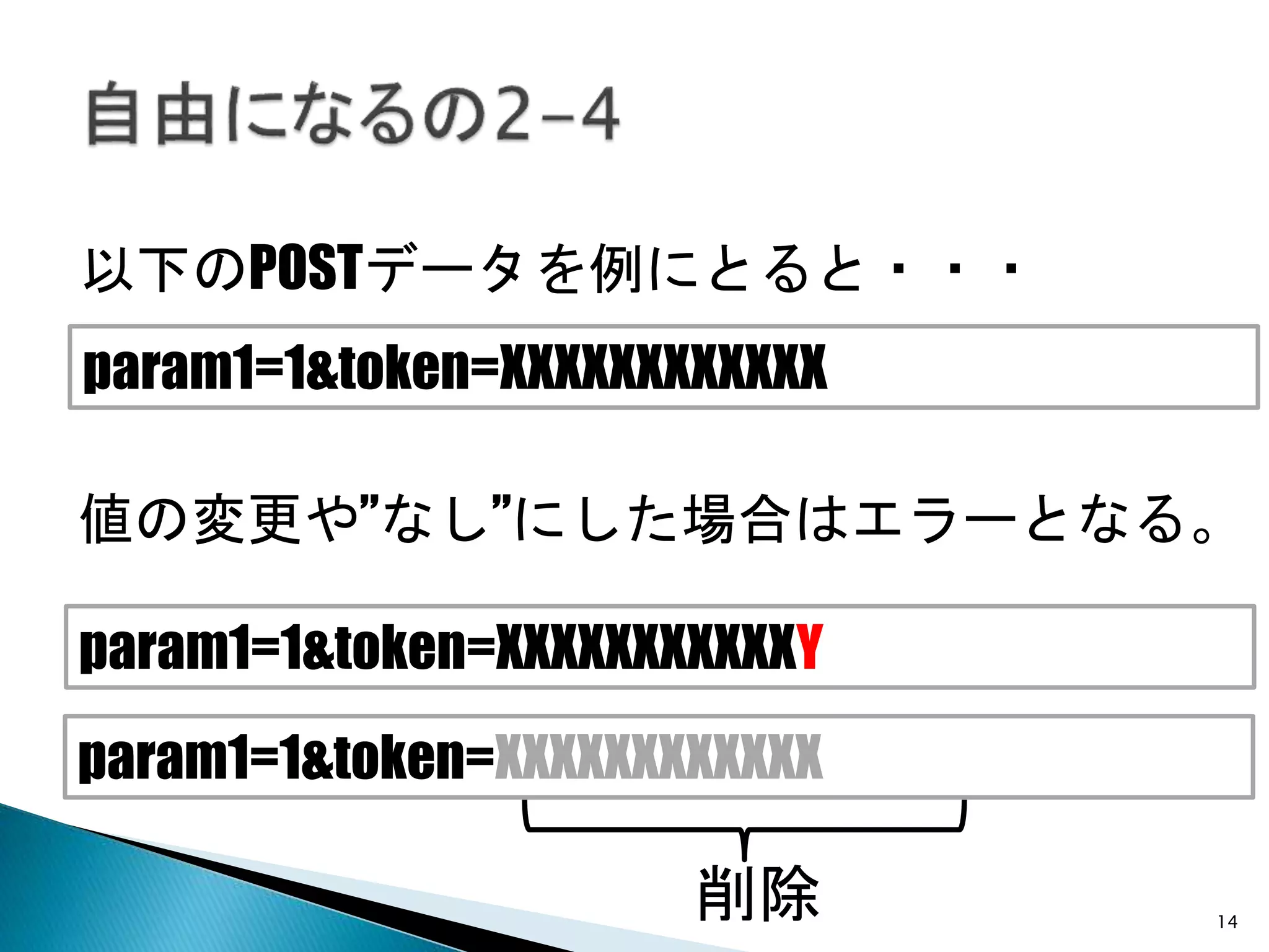14
以下のPOSTデータを例にとると・・・
param1=1&token=XXXXXXXXXXXX
param1=1&token=XXXXXXXXXXXX
param1=1&token=XXXXXXXXXXXY
値の変更や”なし”にした場合はエラーとなる。
削除
 