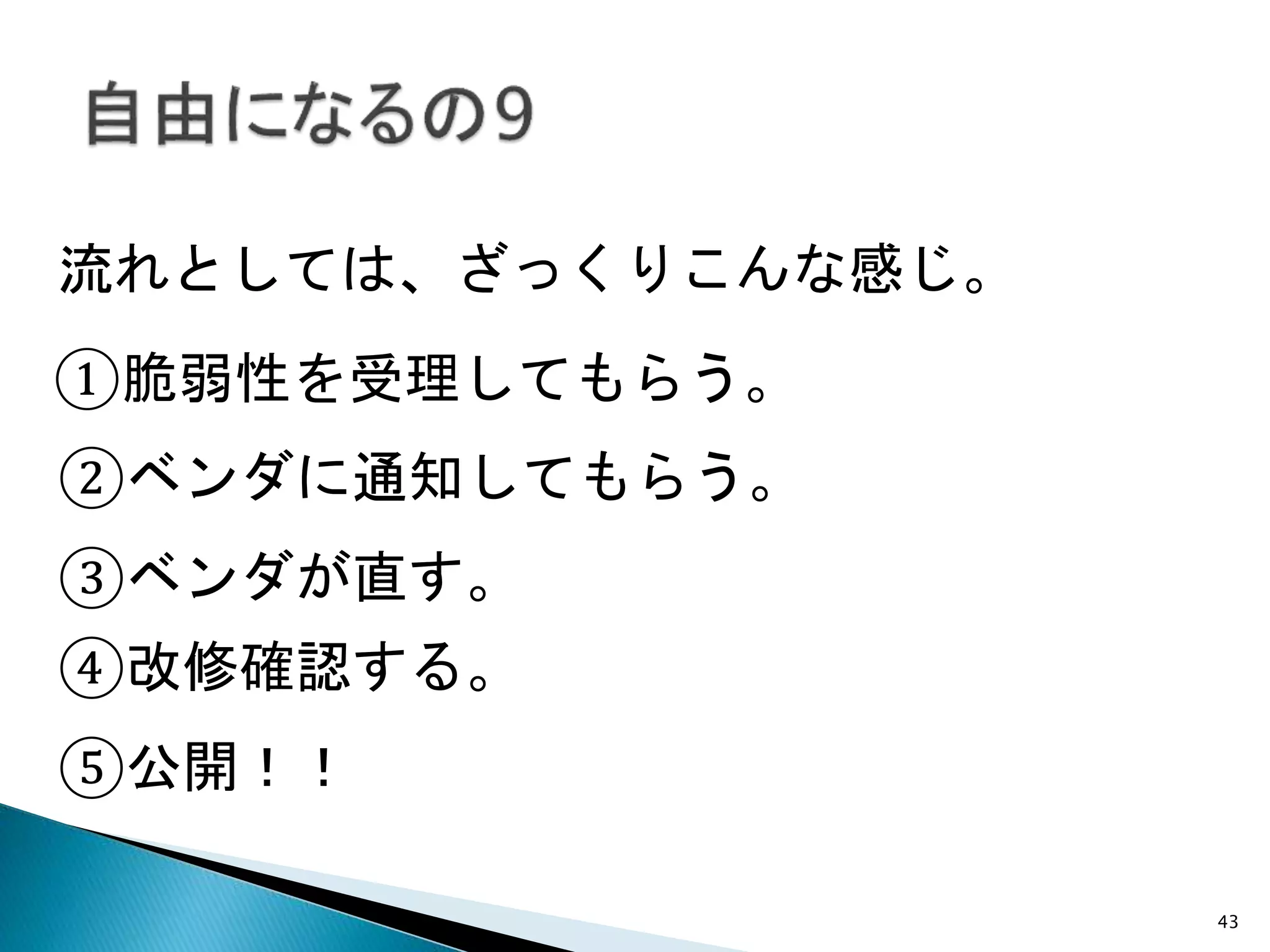 43
流れとしては、ざっくりこんな感じ。
①脆弱性を受理してもらう。
②ベンダに通知してもらう。
③ベンダが直す。
④改修確認する。
⑤公開！！
 