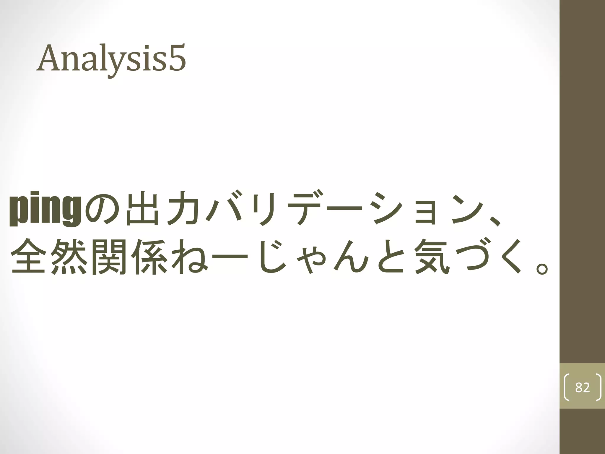 Analysis5
82
pingの出力バリデーション、
全然関係ねーじゃんと気づく。
 