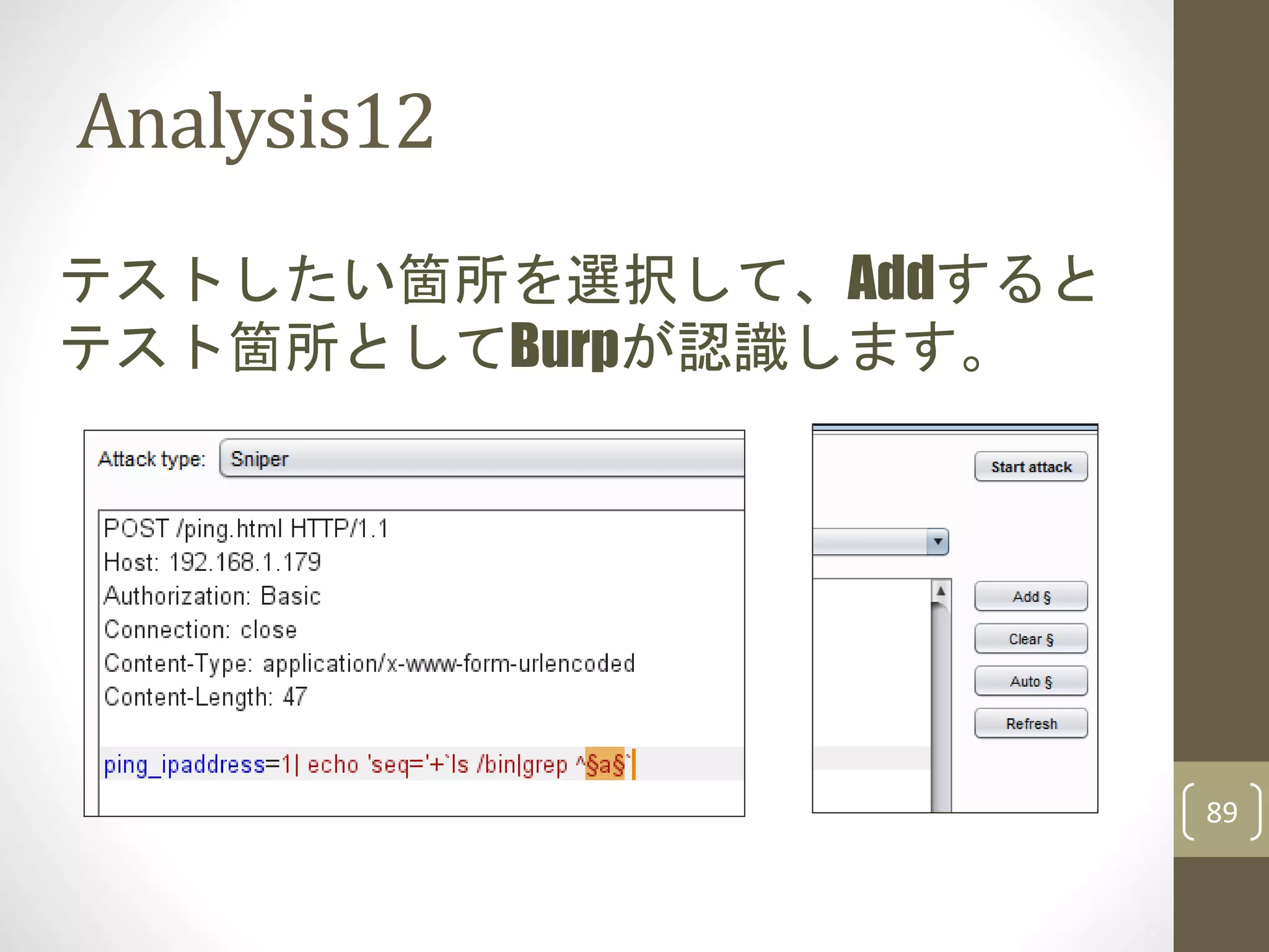Analysis12
89
テストしたい箇所を選択して、Addすると
テスト箇所としてBurpが認識します。
 