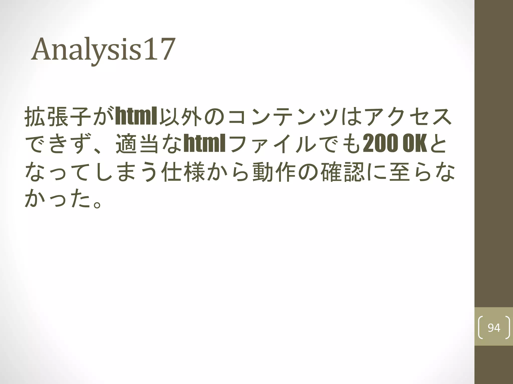 Analysis17
94
拡張子がhtml以外のコンテンツはアクセス
できず、適当なhtmlファイルでも200 OKと
なってしまう仕様から動作の確認に至らな
かった。
 