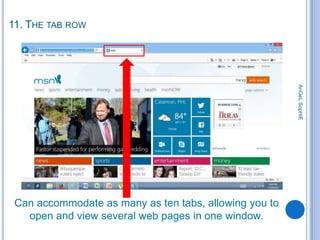 11. THE TAB ROW

AnGeL SopHiE

Can accommodate as many as ten tabs, allowing you to
open and view several web pages in one window.

 