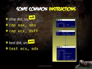 Some common instructions
cmp dst, src
cmp eax, ebx
cmp ecx, 0xFF

test dst, src
test ecx, edx



            It may hurt a little bit…   22
 