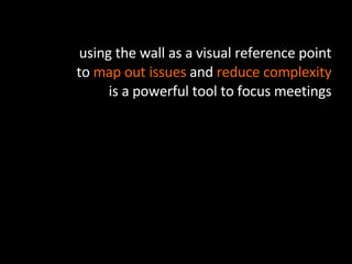 using the wall as a visual reference point to  map out issues  and  reduce complexity  is a powerful tool to focus meetings 