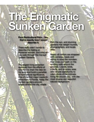 Loreconda 16/01/1510
The Enigmatic
Sunken Garden
Pure Horticultural PornYes,
that is exactly how I would
describe it.
There really aren't words to
describe the feeling of
immense wonder ?and bliss as
you walk through the tranquil
Sunken Gardens.

The largest living attraction
spawned from the e?orts of
one man to drain the lake on
his land, and build a paradise
of horticultural signi?cance.
One of the ?rst major roadside
attractions in Florida, today the
Sunken gardens provide
solace amidst the city,?shade 

from the sun, and stunning
gardens that delight tourists,
photographers, and locals
alike.

Nearly all visitors are strapped
with cameras, ready and
willing to snap the wonders
that cross your path on the
winding walk around the
grounds. Lizards, birds,
insects, and an aviary area
o?er ample opportunity to
catch shots of the intricate
living life around you, ?with the
most diverse and beautiful
natural background. 

 