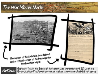 Reflect:
Explain (1) why the Battle of Antietam was important and (2) what the
Emancipation Proclamation was as well as where it applied/did not apply.
The War Moves North
Photograph of the Antietam dead (above)
and a stylized version of the Emancipation
Proclamation (right)
 