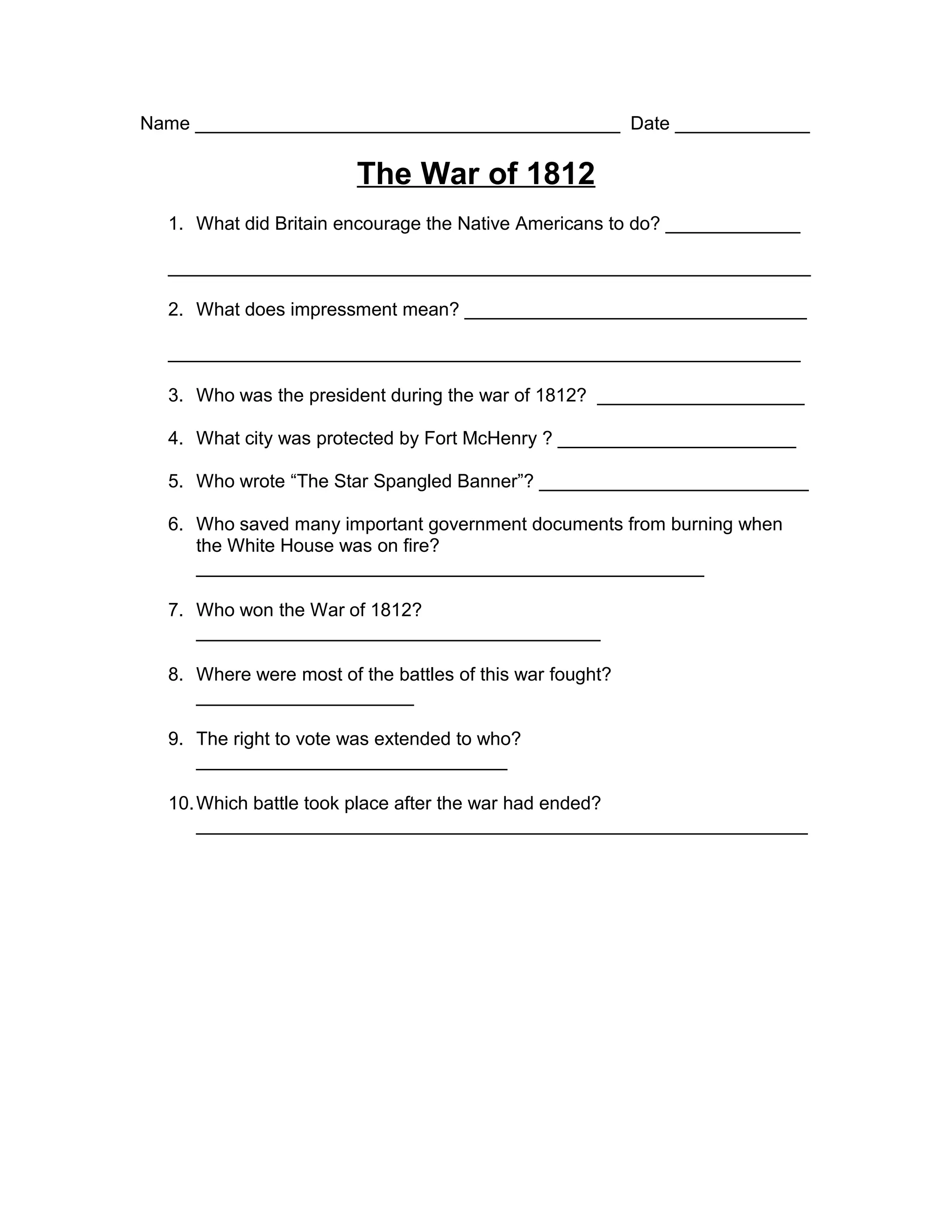 The war of 1812 - worksheet | PDF