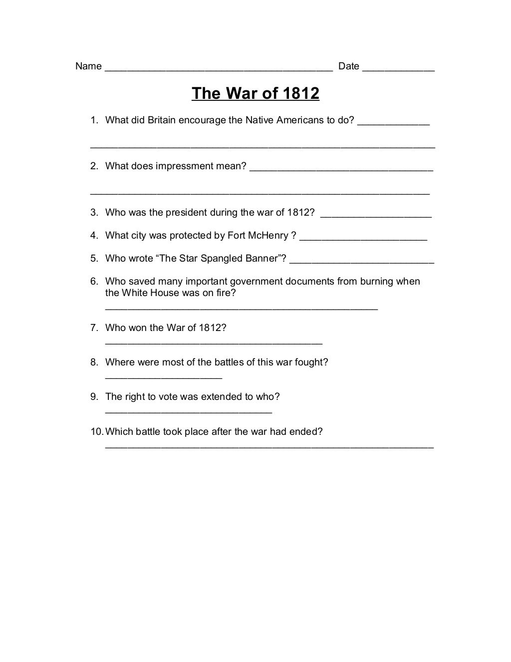 The war of 1812 - worksheet