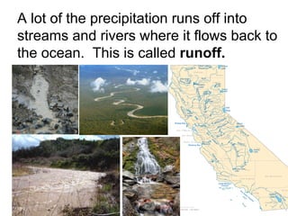 A lot of the precipitation runs off into streams and rivers where it flows back to the ocean.  This is called  runoff. 