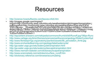 Resources http://science.howstuffworks.com/leaves-info5.htm http://images.google.com/imgres?imgurl=http://community.seas.columbia.edu/weatherstation/glo/images/transpiration.jpg&imgrefurl=http://community.seas.columbia.edu/weatherstation/fuse.php%3Fid%3D15&usg=__02ueaBU3dZYPCyWJnfzZX8Kt7RI=&h=282&w=425&sz=140&hl=en&start=8&um=1&itbs=1&tbnid=ZqmIA2DgwoNNyM:&tbnh=84&tbnw=126&prev=/images%3Fq%3Dtranspiration%26um%3D1%26hl%3Den%26safe%3Dactive%26gl%3Dus%26tbs%3Disch:1 http://wpcontent.answers.com/wikipedia/commons/thumb/b/b0/Runoff.jpg/190px-Runoff.jpg http://www.cartage.org.lb/en/themes/sciences/earthscience/geology/WaterCycles/Hydrologicwater/BackgroundInformation/BackgroundInformation.htm http://www.floridasprings.org/anatomy/jow/text/assets/08_percolation_thmb.jpg http://www.enchantedlearning.com/geology/label/watercycle/ http://ga.water.usgs.gov/edu/watercycletranspiration.html http://ga.water.usgs.gov/edu/watercycleevapotranspiration.html http://www.merriam-webster.com/dictionary/evapotranspiration http://www.sciencedaily.com/articles/s/surface_runoff.htm http://dictionary.reference.com/browse/accumulating 
