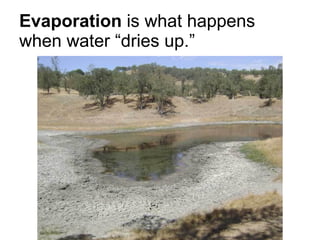 Evaporation  is what happens when water “dries up.” 