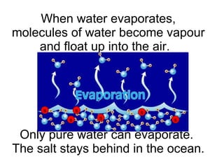When water evaporates, molecules of water become vapour and float up into the air.  Only pure water can evaporate.  The salt stays behind in the ocean. s s s s s s 