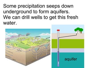 Some precipitation seeps down underground to form aquifers. We can drill wells to get this fresh water. aquifer 