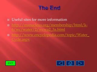    Useful sites for more information
   http://msnucleus.org/membership/html/k-
    6/wc/water/2/wcwa2_3a.html
   http://www.encyclopedia.com/topic/Water_
    Cycle.aspx




EXIT
 