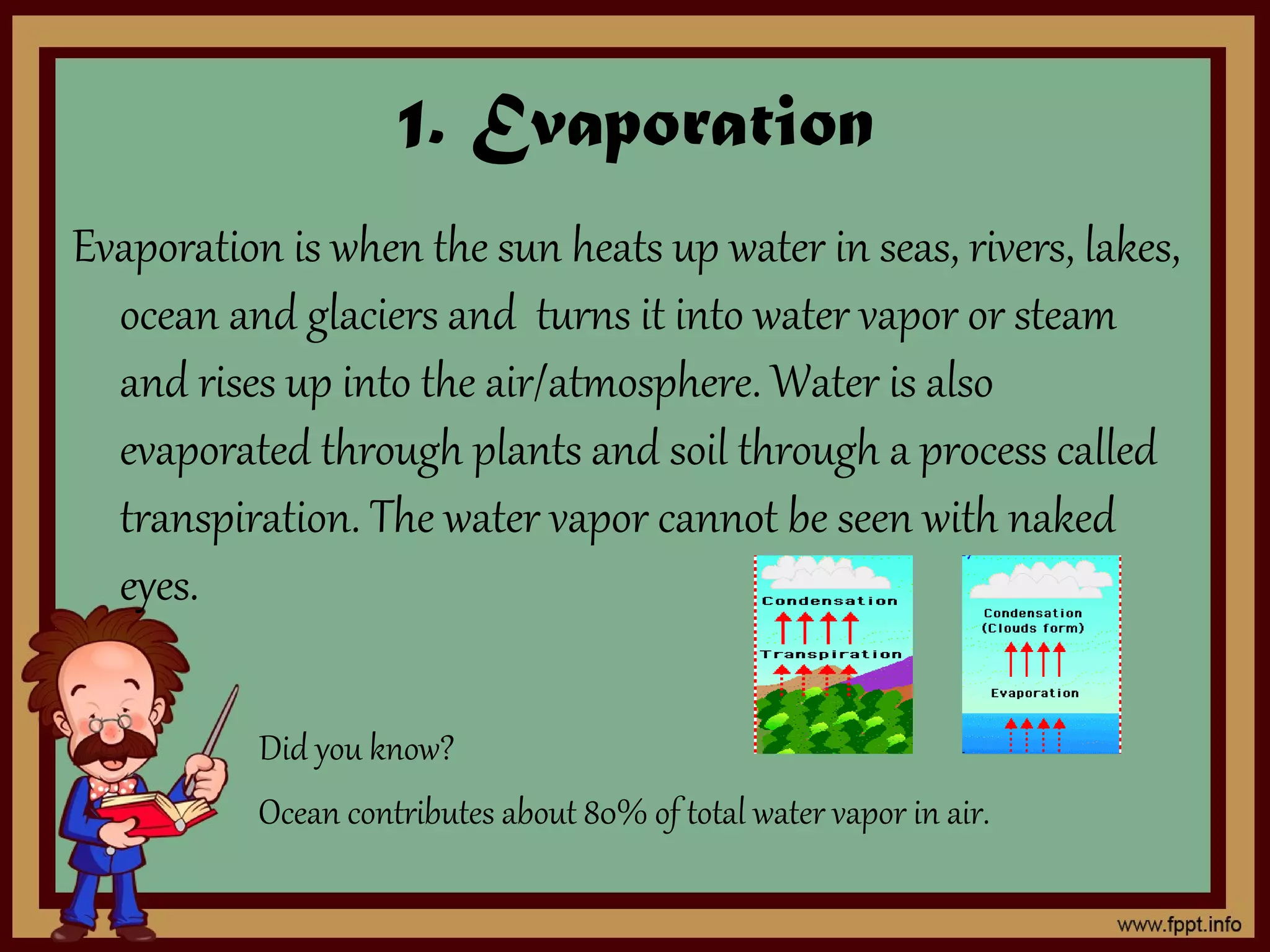 1. Evaporation
Evaporation is when the sun heats up water in seas, rivers, lakes,
ocean and glaciers and turns it into water vapor or steam
and rises up into the air/atmosphere. Water is also
evaporated through plants and soil through a process called
transpiration. The water vapor cannot be seen with naked
eyes.
Did you know?
Ocean contributes about 80% of total water vapor in air.
 