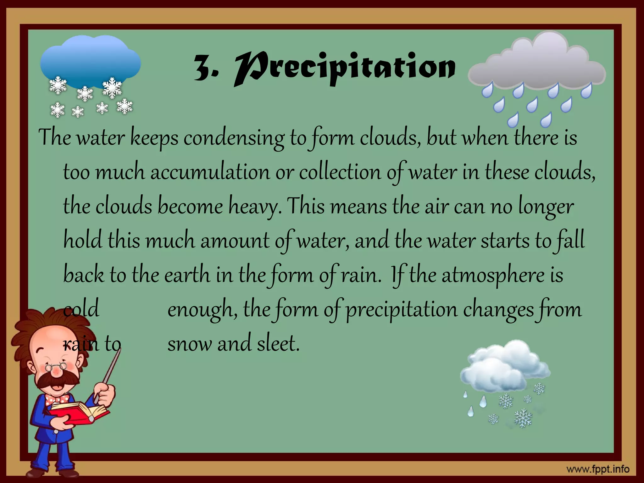 3. Precipitation
The water keeps condensing to form clouds, but when there is
too much accumulation or collection of water in these clouds,
the clouds become heavy. This means the air can no longer
hold this much amount of water, and the water starts to fall
back to the earth in the form of rain. If the atmosphere is
cold enough, the form of precipitation changes from
rain to snow and sleet.
 