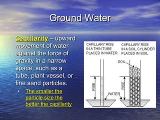 Ground Water
• Capillarity – upward
movement of water
against the force of
gravity in a narrow
space, such as a
tube, plant vessel, or
fine sand particles.
•

The smaller the
particle size the
better the capillarity

 