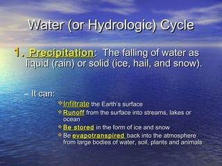 Water (or Hydrologic) Cycle
1. Precipitation : The falling of water as

liquid (rain) or solid (ice, hail, and snow).

– It can:

Infiltrate the Earth’s surface
 Runoff

from the surface into streams, lakes or

ocean
 Be stored in the form of ice and snow
 Be evapotranspired back into the atmosphere
from large bodies of water, soil, plants and animals

 