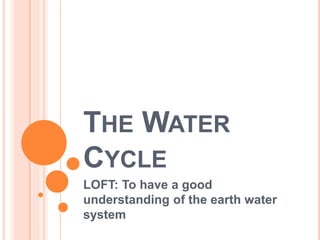 THE WATER
CYCLE
LOFT: To have a good
understanding of the earth water
system
 