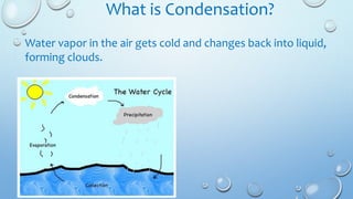 What is Condensation?
Water vapor in the air gets cold and changes back into liquid,
forming clouds.
 