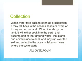 Collection
When water falls back to earth as precipitation,
it may fall back in the oceans, lakes or rivers or
it may end up on land. When it ends up on
land, it will either soak into the earth and
become part of the “ground water” that plants
and animals use to drink or it may run over the
soil and collect in the oceans, lakes or rivers
where the cycle starts
ALL OVER AGAIN
 