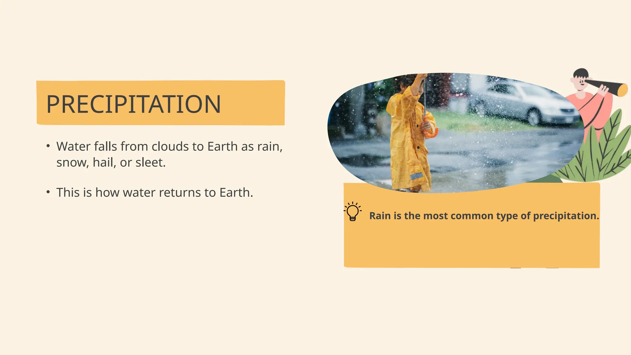 PRECIPITATION
• Water falls from clouds to Earth as rain,
snow, hail, or sleet.
• This is how water returns to Earth.
Rain is the most common type of precipitation.
 