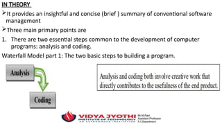 IN THEORY
It provides an insightful and concise (brief ) summary of conventional software
management
Three main primary points are
1. There are two essential steps common to the development of computer
programs: analysis and coding.
Waterfall Model part 1: The two basic steps to building a program.
 