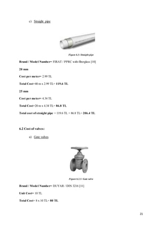 21
c) Straight pipe
Figure 6.3: Straight pipe
Brand / Model Number= FIRAT / PPRC with fiberglass [10]
20 mm
Cost per meter= 2.99 TL
Total Cost=40 m x 2.99 TL= 119.6 TL
25 mm
Cost per meter= 4.34 TL
Total Cost=20 m x 4.34 TL= 86.8 TL
Total cost of straight pipe = 119.6 TL + 86.8 TL= 206.4 TL
6.2 Cost of valves:
a) Gate valves
Figure 6.2.1: Gate valve
Brand / Model Number= DUYAR / DIN 3216 [11]
Unit Cost= 10 TL
Total Cost= 8 x 10 TL= 80 TL
 