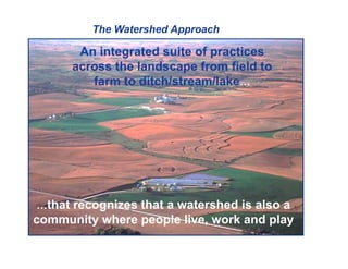 An integrated suite of practices
across the landscape from field to
farm to ditch/stream/lake…
…that recognizes that a watershed is also a
community where people live, work and play
The Watershed Approach
 