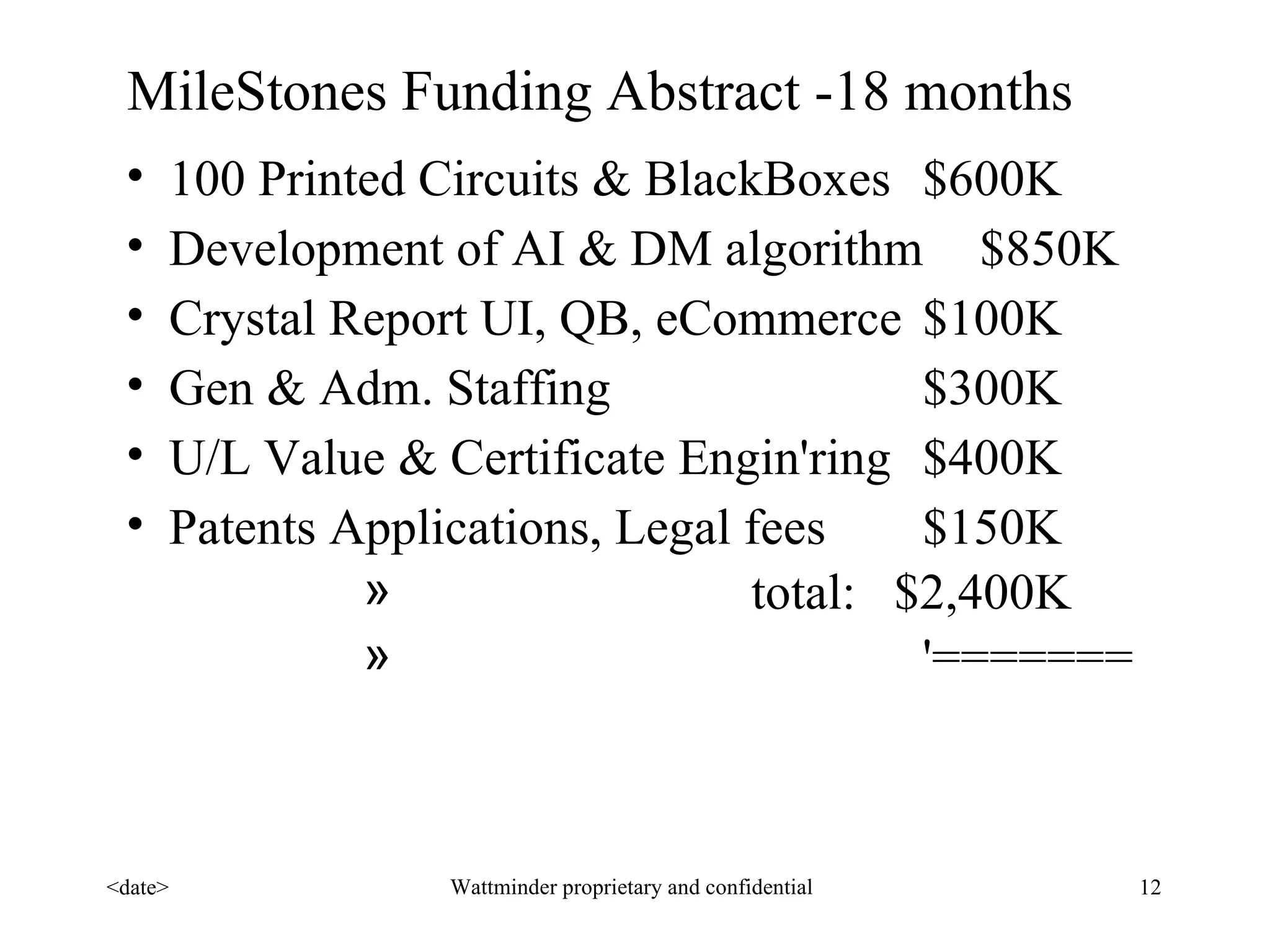 MileStones Funding Abstract -18 months 100 Printed Circuits & BlackBoxes  $600K Development of AI & DM algorithm $850K Crystal Report UI, QB, eCommerce $100K Gen & Adm. Staffing $300K U/L Value & Certificate Engin'ring $400K Patents Applications, Legal fees $150K total:  $2,400K   '=======  =======   