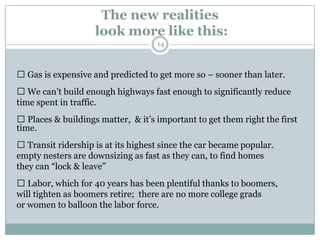 The new realities
                    look more like this:
                                    14



 Gas is expensive and predicted to get more so – sooner than later.
 We can’t build enough highways fast enough to significantly reduce
time spent in traffic.
 Places & buildings matter, & it’s important to get them right the first
time.
 Transit ridership is at its highest since the car became popular.
empty nesters are downsizing as fast as they can, to find homes
they can ―lock & leave‖
 Labor, which for 40 years has been plentiful thanks to boomers,
will tighten as boomers retire; there are no more college grads
or women to balloon the labor force.
 