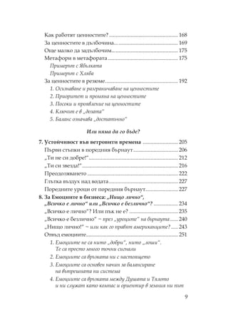 9
ак работят ценностите?................................................... 168
За ценностите в дълбочина............................................... 169
ще малко да задълбочим................................................. 175
етафори в метафората.................................................... 175
римерът с Ябълката
римерът с Хляба
За ценностите в резюме...................................................... 192
1. съзнаване и разграничаване на ценностите
2. риоритет и промяна на ценностите
3. осоки и проявление на ценностите
4. лючът е в „дозата“
5. Баланс означава „достатъчно“
Или няма да го бъде?
7. стойчивост във ветровити времена .......................... 205
ърви стъпки в поредния бърнаут................................. 206
„ и не си добре!“.................................................................. 212
„ и си звезда!“....................................................................... 216
реодоляването ................................................................... 222
Глътка въздух над водата................................................... 227
оредните уроци от поредния бърнаут........................ 227
8. За Емоциите в бизнеса: „Нищо лично“,
„Всичко е лично“ или „Всичко е безлично“? .................. 234
„Всичко е лично“? Или пък не е? .................................... 235
„Всичко е безлично“ ~ през „уроците“ на бърнаута...... 240
„ ищо лично!“ ~ или как го правят американците?..... 243
твъд емоциите.................................................................... 251
1. Емоциите не са нито „добри“, нито „лоши“.
е са просто много точни сигнали
2. Емоциите са връзката ни с настоящето
3. Емоциите са основен начин за балансиране
на вътрешната ни система
4. Емоциите са връзката между Душата и ялото
и ни служат като компас и ориентир в земния ни път
 
