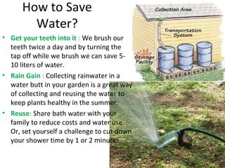 How to Save 
Water? 
• Get your teeth into it : We brush our 
teeth twice a day and by turning the 
tap off while we brush we can save 5- 
10 liters of water. 
• Rain Gain : Collecting rainwater in a 
water butt in your garden is a great way 
of collecting and reusing the water to 
keep plants healthy in the summer. 
• Reuse: Share bath water with your 
family to reduce costs and water use. 
Or, set yourself a challenge to cut down 
your shower time by 1 or 2 minutes. 
 