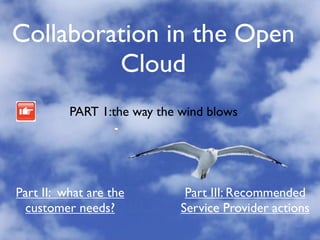 Collaboration in the Open
         Cloud
          PART 1:the way the wind blows




Part II: what are the         Part III: Recommended
  customer needs?            Service Provider actions
 