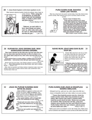 7. Jisas Kraist kupiam ra bris bara rayakam ra sin.
Man baman sipsma kupiam durka ba sakaia, bara Jisas ra
yarka dimaia, “Kais, yang dur
ra kingbisna; ya yang bili
baikra wali dur ba kwakbia
kaka, ai watla ra dimi witin
wal plun pimna.”
–Param Marikan 3:20
“Sakuna, ya nani witin ra
brin; bara kasak sin lukan;
nani ra, witin mita naha upli-
ka nani ra, Gâd luhpia takaia
karnika ba yan.” –Jan 1:12
28
Man kau aima Kum sin puram sunras kaka, bara hilp nitsma kaka
puram sunaia. Man sipsma pura sunra munhtara ulban ba baku
sunaia.
PURA SUNRA KUM, BAHARA
KAIKI LAN TAKAIA.
29
Dawan Jisas ki latwan kira,
Tinki pali dus prihnira prui yang
saurki sikbi sakram ba. Yang sari pali
sna diara saura nani daukri ba dukiara.
Yang mamkabisna pliskam bal yang
kupira dimma, bahara bankaiara iwi
kama. Na minit yang manra kasak
lukisni, kupi na klin daukma dukiara.
Yang mai brisni, yang suaki sasakriki
baku bara Dawan ki baku sin.
Man ninam ra puri sunisni, Amen.
30 KUPIAM RA JISAS BRISMA BAR, MAN
BANKAIARA RAYAKA BRISMA.
“Bara baha witniska ba lika Gâd mita raya ban kaia laka wan-
kan sa, bara naha raya ban kaia laka na lika ai Luhpia ra sa.
Ani uplika Gâd Luhpia bri ba, witin naha raya kaia laka na sin
brisa.” – 1 Jan 5:11b, 12a
Yang aisisna bara ya aman walisa, ai blikan bara sin kasak
lukisa kaka . . . kuna pruan wina taki pat raya kaiara luan sa.
–Jan 5:24b
Winam tara ba pruya bara, man Dawan mawan ra auma (2 Korint
5:8). “. . . Bara baha yukukan ka ba sika Kraist, man nani ra takas-
ki b a . . . . (Kolosi 1:27).
Man Jisas ra saurkam suih tikbia dukiara makabram kaka, bara man
Dawan Jisas Kraist ra kasak lukisma kaka suaki sasakrikam baku,
munhta bara ninam uls:
__
“Ulbanka aiska ba Gâd winka puh-
bra mita sika, bara baha ba yamni
sa upla ra smalkaia bara laui dau-
kaia, swakwanka nani ba wapni
daukaia, bara kasakka laka
mapara upla ra smalkanka yabaia
dukyara.” –2 Timoti 3:16
Dawan Bila wina burs nani ba yu bani
aisi kaiks (Gad bila ba), bara lan taki
kupian kat mangki bris, bak sakan
burska nani manra hilp, taki nani ba.
(Naha wauhkataya lupiara ailal
narasa.)
NAHKI MUNI JISAS NINA BAN BLIKI
KAIA BA.
31
Jisas ra tinki wis rayakam ra diara pain nani
daukan ba dukiara. Witin ra mayuns, man-
dukiam ra diara nani daukan ba, bara sulkam
suaki sakan ba dukiara. Nitkam nani dukiara
puram suns. Jisas ninara puram suns.
“Kan yawan kaikisa, witin ai kupia laka
kat dia, dia makabuya ba wan walisa.”
–1 Jan 5:14b
“Kasak pali mai wisni, Aisa ra dia, dia
yang nini maki makama ba, sut pali maik-
bia.” –Jan 16:23b
“ . . . Pana dukyamra sin puram suni
bas . . . . ” – Jems 5:16
“Bara rau mai sauhki nani dukyara sin
puram suns.” –Matyu 5:44b
JISAS RA PURAM SUNISMA BANI
WITIN RA AISAS.
32
(Disaipil kum ba, upla kum sa, witin Jisas nina bliki ba.)
Jisas ai disaipilka nanira win naku natka ra ai pura sunbia.
“ ‘Yawan Aisa kasbrika purara sma ba, ninam ba
hulikira kulkan kabia. Man king aimakaia ba yarka
balbia. Man kupiam laka tasba ra daukan kabia,
kasbrika purara dauki ba baku. Naiwa wan yua pâta
ba wankma. Wan saurka ban swi tiks, yang nani
maipara saura daukan kan ban swih tikisna ba baku.
Traika kaikan tilara ban wan swipara, sakuna saura
ba wina dakbi wan saks.’ ” –Matyu 6:9b-13
Naha pura sunra na sinskam ra lan taki briaia sma. Naha pura
sunra na lalukra nani bakahnu ai pura sunisa ai bila baikra tara wal.
PURA SUNRA KUM JISAS AI DISAIPILKA
NANIRA SMALKAN.
33
 