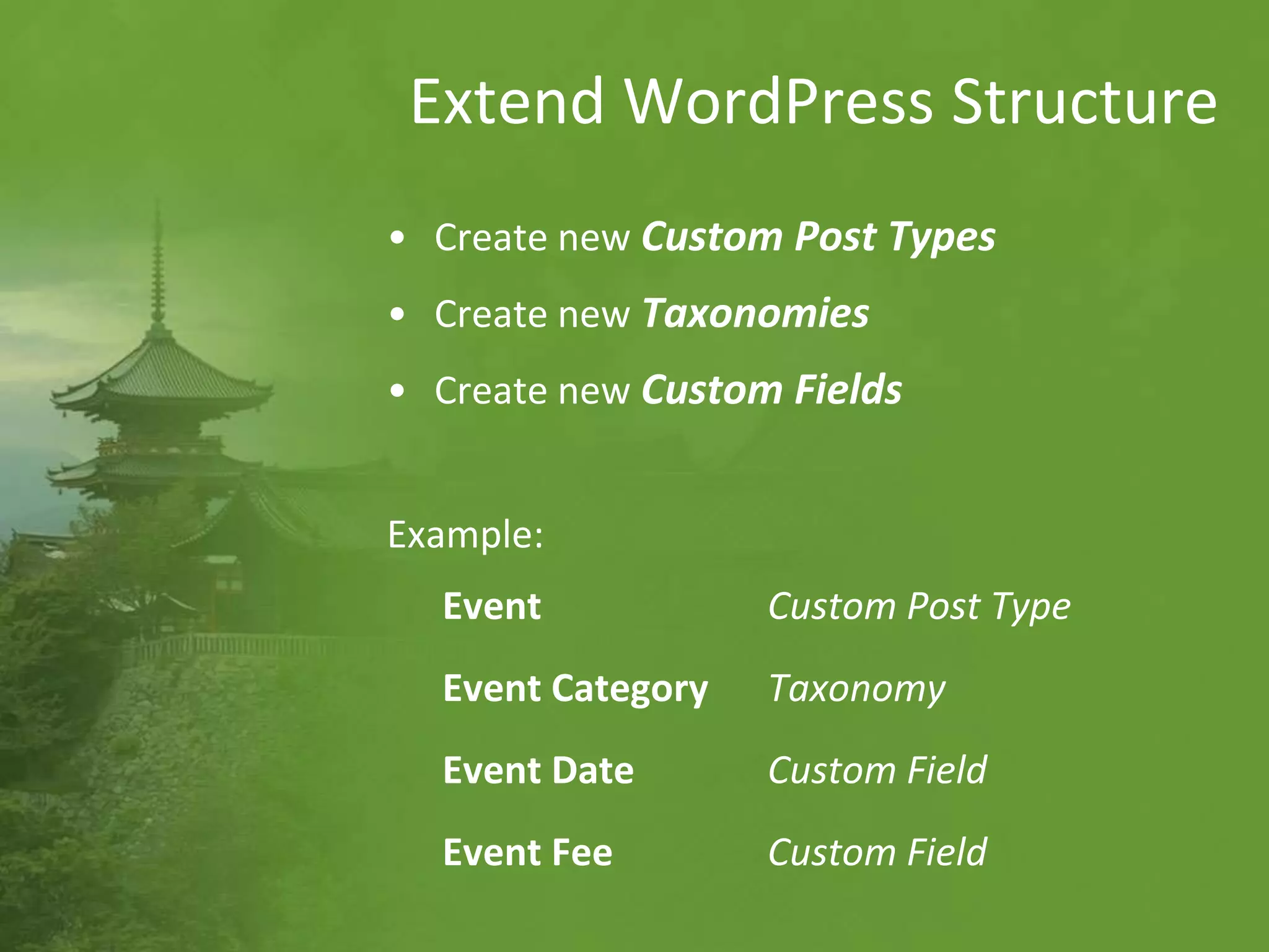 Extend WordPress Structure
• Create new Custom Post Types
• Create new Taxonomies
• Create new Custom Fields
Example:
Event Custom Post Type
Event Category Taxonomy
Event Date Custom Field
Event Fee Custom Field
 