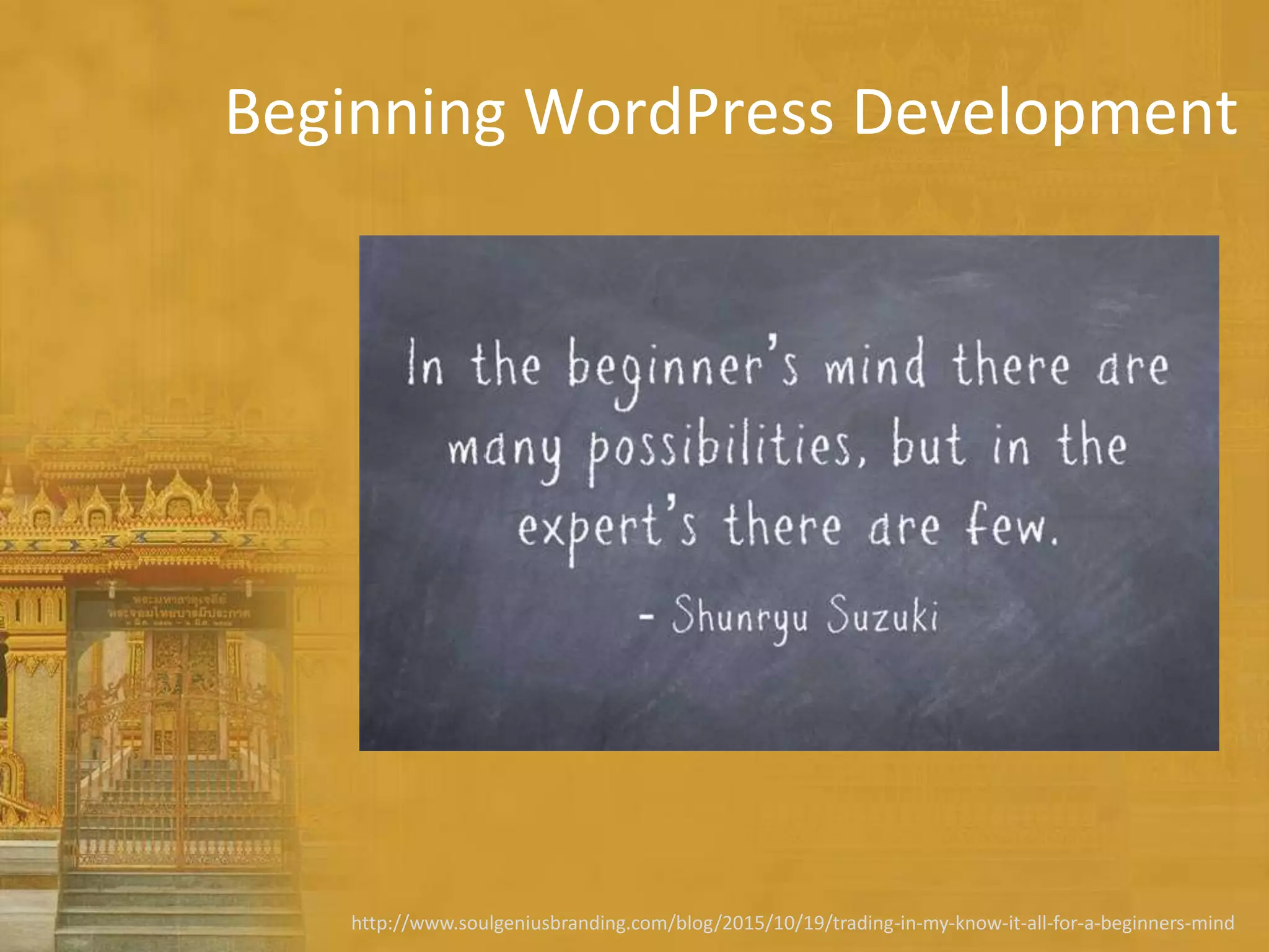 Beginning WordPress Development
http://www.soulgeniusbranding.com/blog/2015/10/19/trading-in-my-know-it-all-for-a-beginners-mind
 