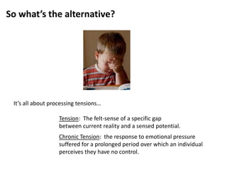 So what’s the alternative?




 It’s all about processing tensions…

                   Tension: The felt-sense of a specific gap
                   between current reality and a sensed potential.
                   Chronic Tension: the response to emotional pressure
                   suffered for a prolonged period over which an individual
                   perceives they have no control.
 