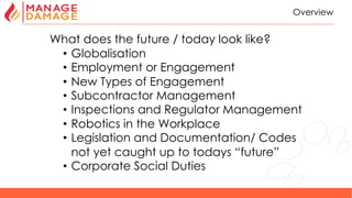9
Overview
What does the future / today look like?
• Globalisation
• Employment or Engagement
• New Types of Engagement
• Subcontractor Management
• Inspections and Regulator Management
• Robotics in the Workplace
• Legislation and Documentation/ Codes
not yet caught up to todays “future”
• Corporate Social Duties
 