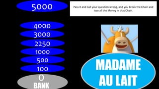 MADAME 
AU LAIT 
5000 
4000 
3000 
2250 
1000 
500 
100 
0 
BANK 
Pass it and Get your question wrong, and you break the Chain and 
lose all the Money in that Chain. 
 