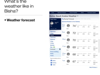 What's the
weather like in
Bisha?

• Weather forecast
 