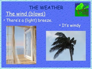 THE WEATHER
The wind (blows)
• There’s a (light) breeze.
• It’s windy
 