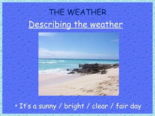 THE WEATHER Describing the weather It’s a sunny / bright / clear / fair day 