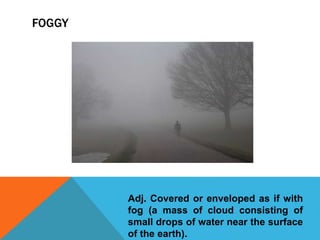 FOGGY
Adj. Covered or enveloped as if with
fog (a mass of cloud consisting of
small drops of water near the surface
of the earth).
 